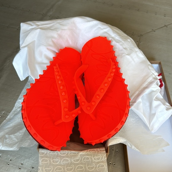 Christian Louboutin loubi flip orange neon fluo rubber pvc flat thong sandal 37 - Picture 10 of 10